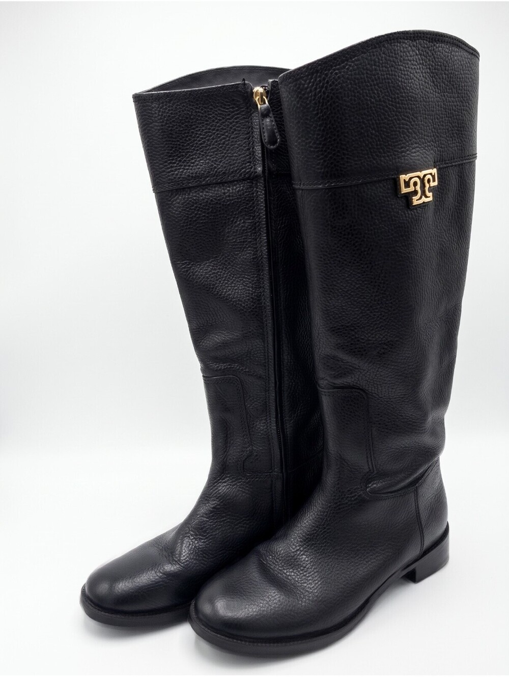 Tory Burch Joanna Black Pebbled Leather Tall Riding Boots Size 8M Gold Logo